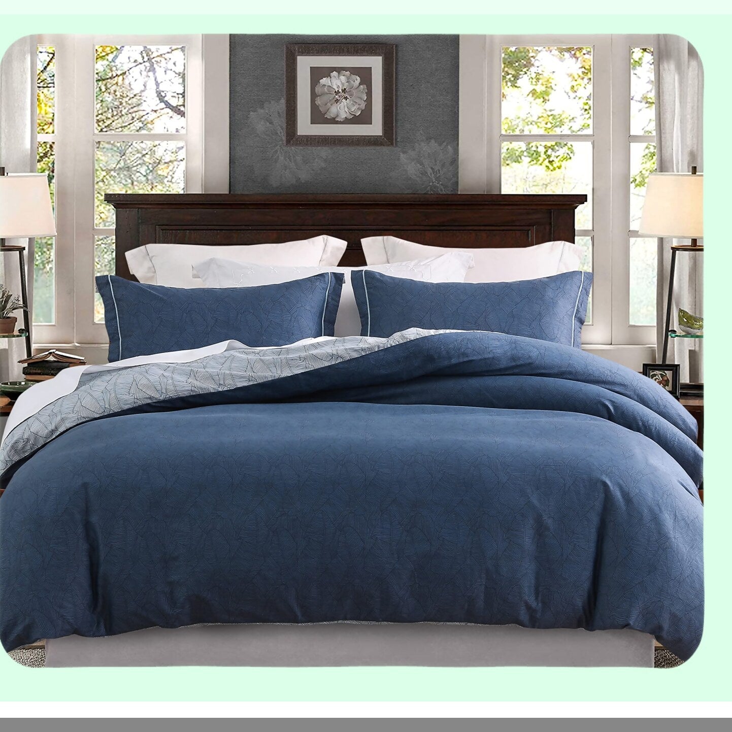 Luxury Leafy Comforter Set - Queen Size 600TC Cotton, Reversible Navy Grey Leaves Design, Down Alternative Bedding - 3 Piece Set (Navy & Blue)