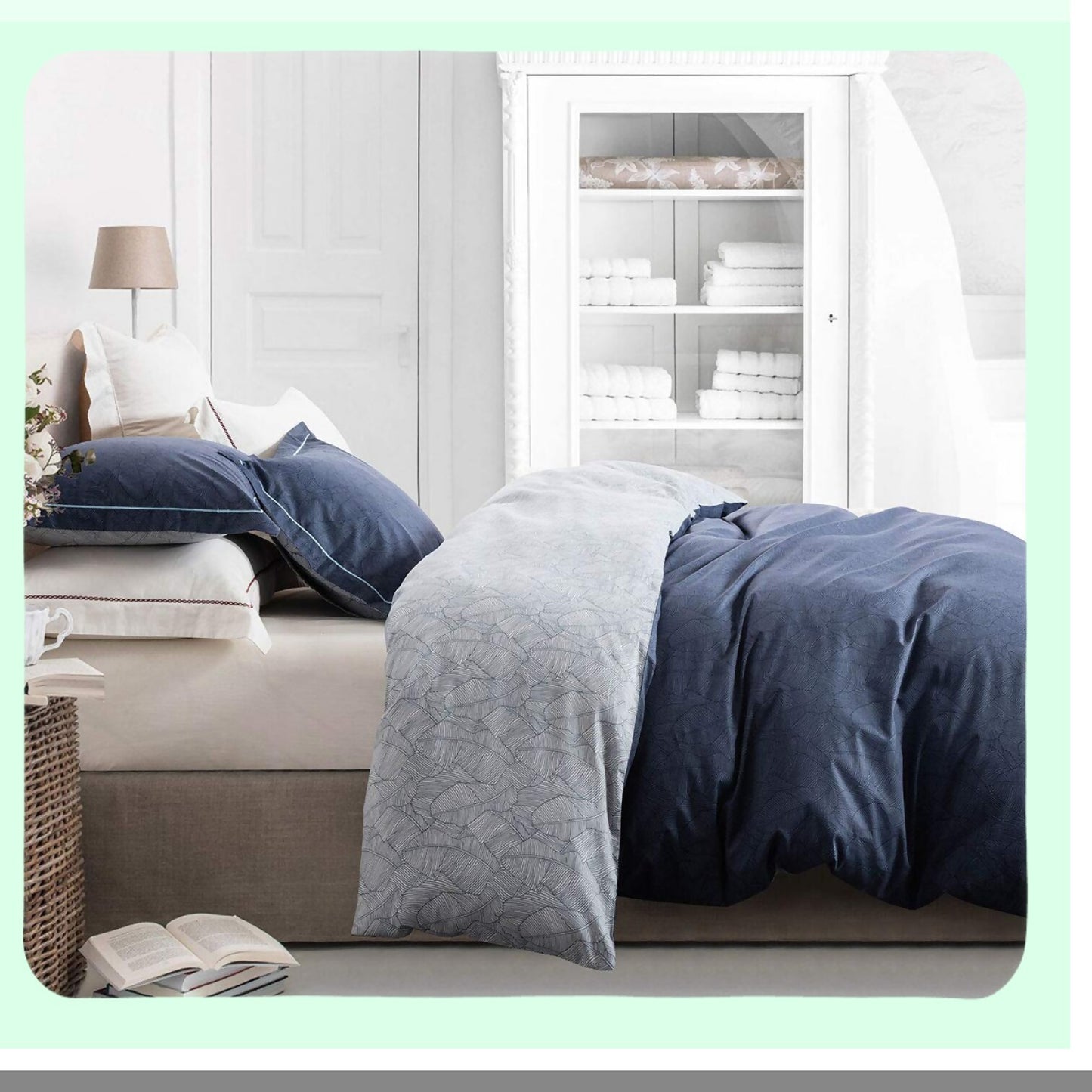 Luxury Leafy Comforter Set - Queen Size 600TC Cotton, Reversible Navy Grey Leaves Design, Down Alternative Bedding - 3 Piece Set (Navy & Blue)