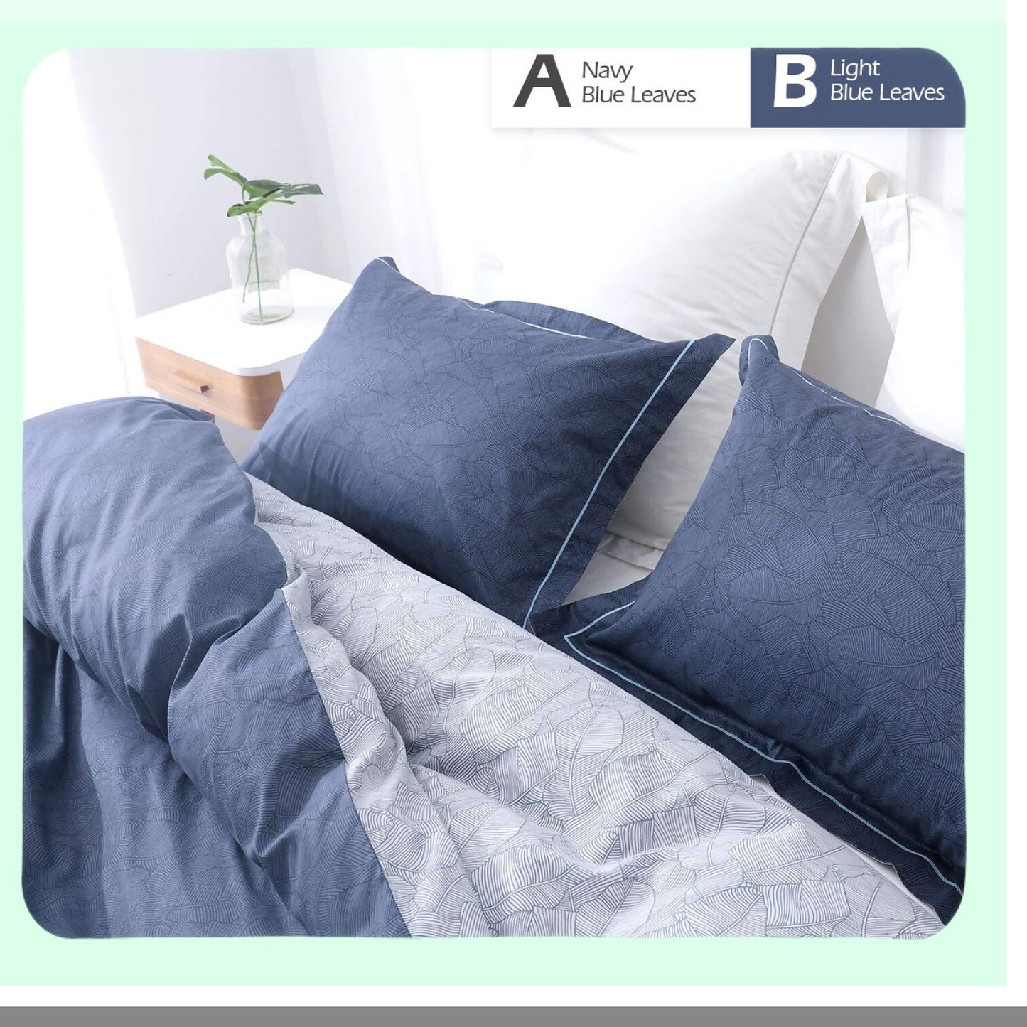Luxury Leafy Comforter Set - Queen Size 600TC Cotton, Reversible Navy Grey Leaves Design, Down Alternative Bedding - 3 Piece Set (Navy & Blue)