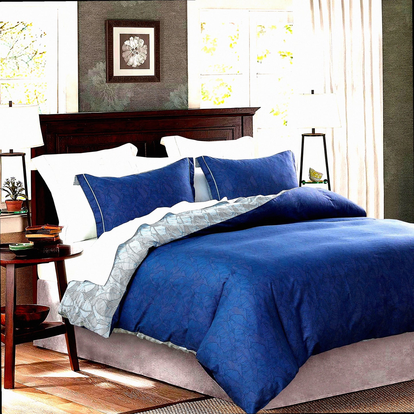 Luxury Leafy Comforter Set - Queen Size 600TC Cotton, Reversible Navy Grey Leaves Design, Down Alternative Bedding - 3 Piece Set (Navy & Blue)