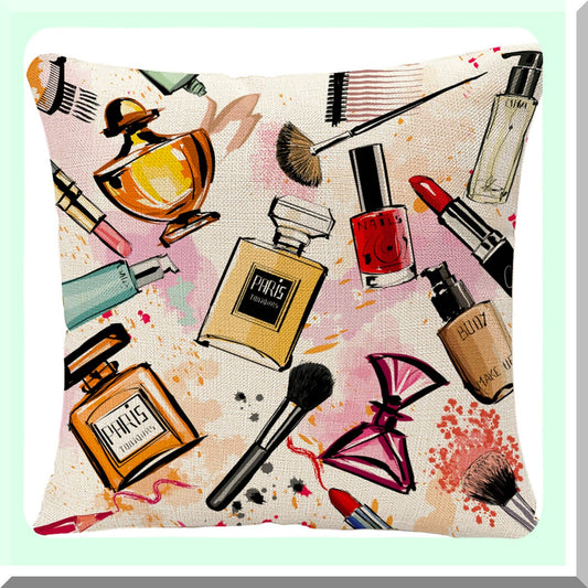 Watercolor Pink Makeup Collection Decorative Pillowcase - Girly Home Decor for Sofa - 18x18 Inches - Cosmetics & Perfumes Theme