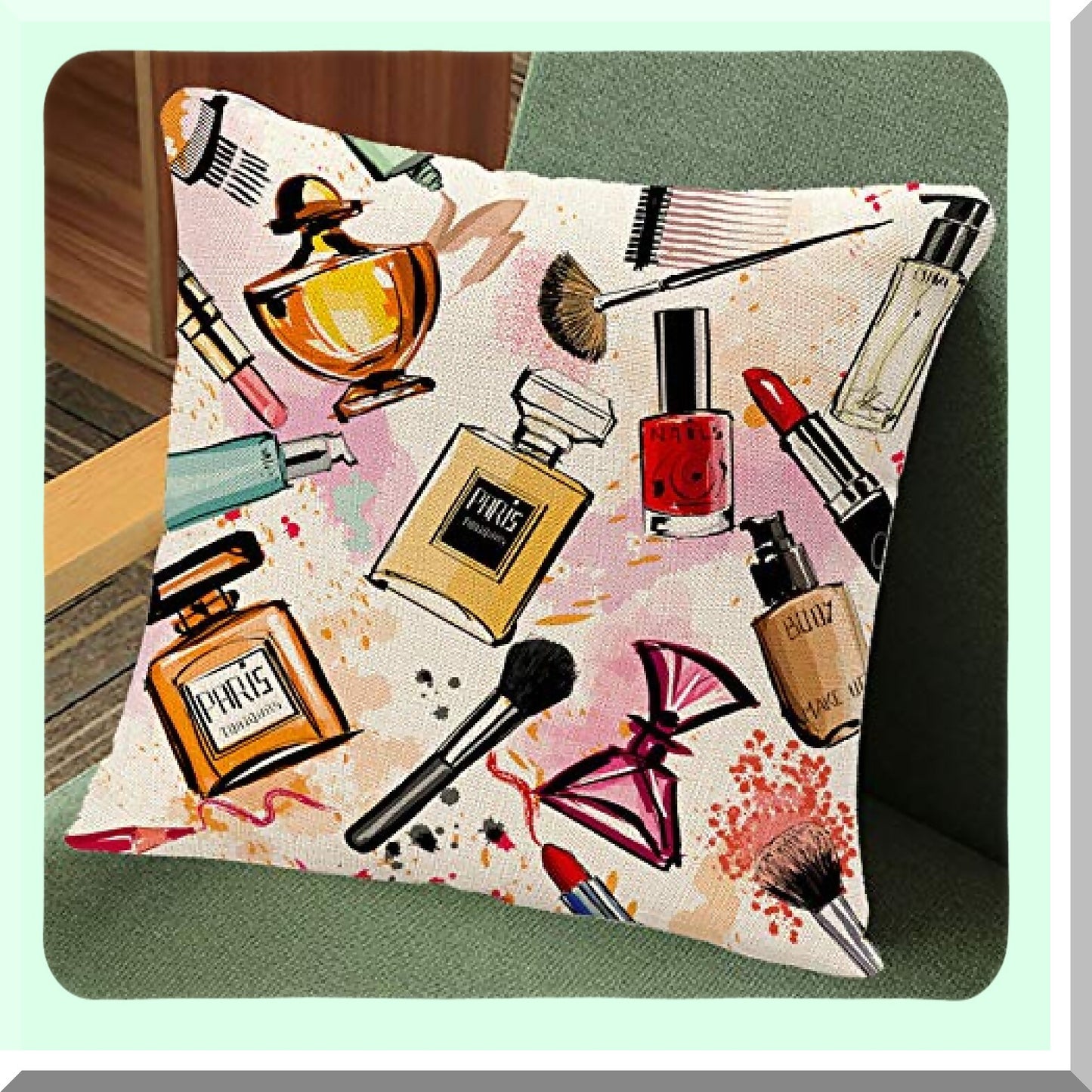 Watercolor Pink Makeup Collection Decorative Pillowcase - Girly Home Decor for Sofa - 18x18 Inches - Cosmetics & Perfumes Theme