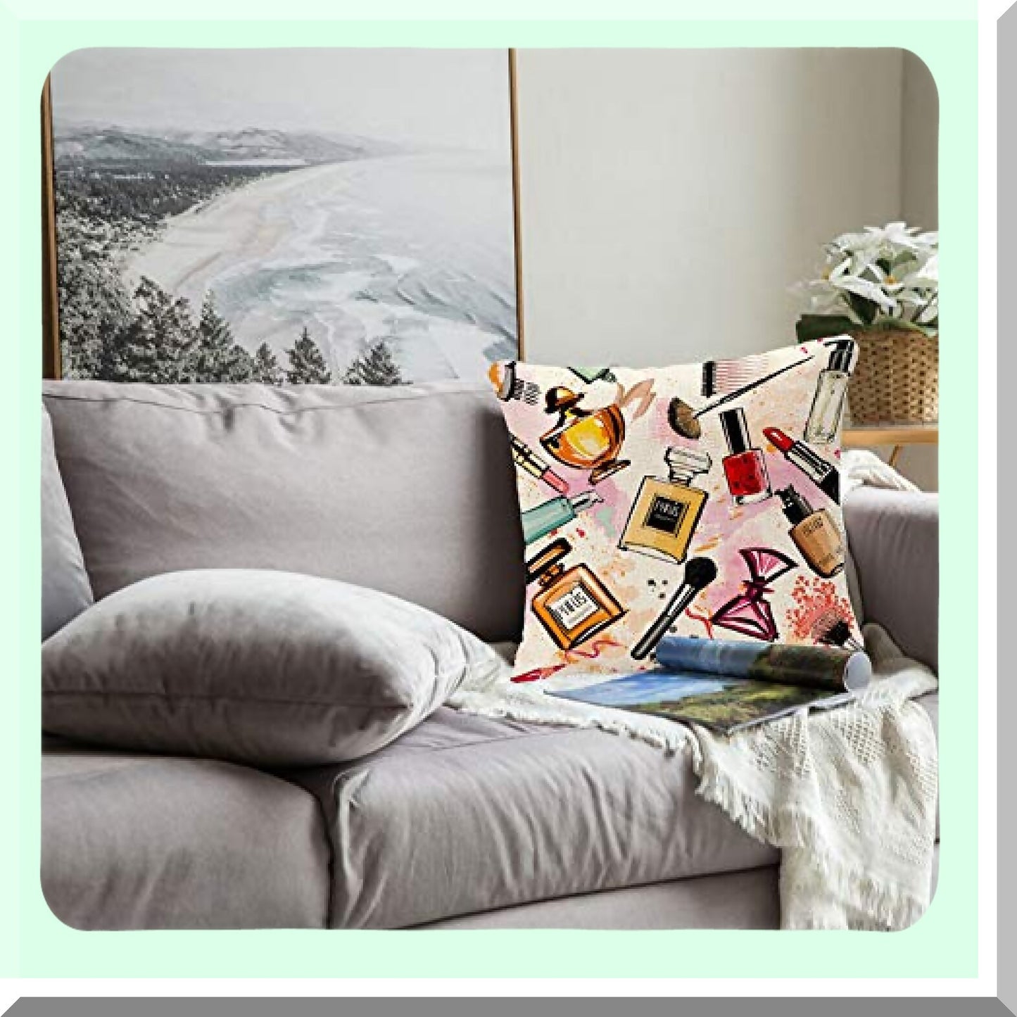 Watercolor Pink Makeup Collection Decorative Pillowcase - Girly Home Decor for Sofa - 18x18 Inches - Cosmetics & Perfumes Theme