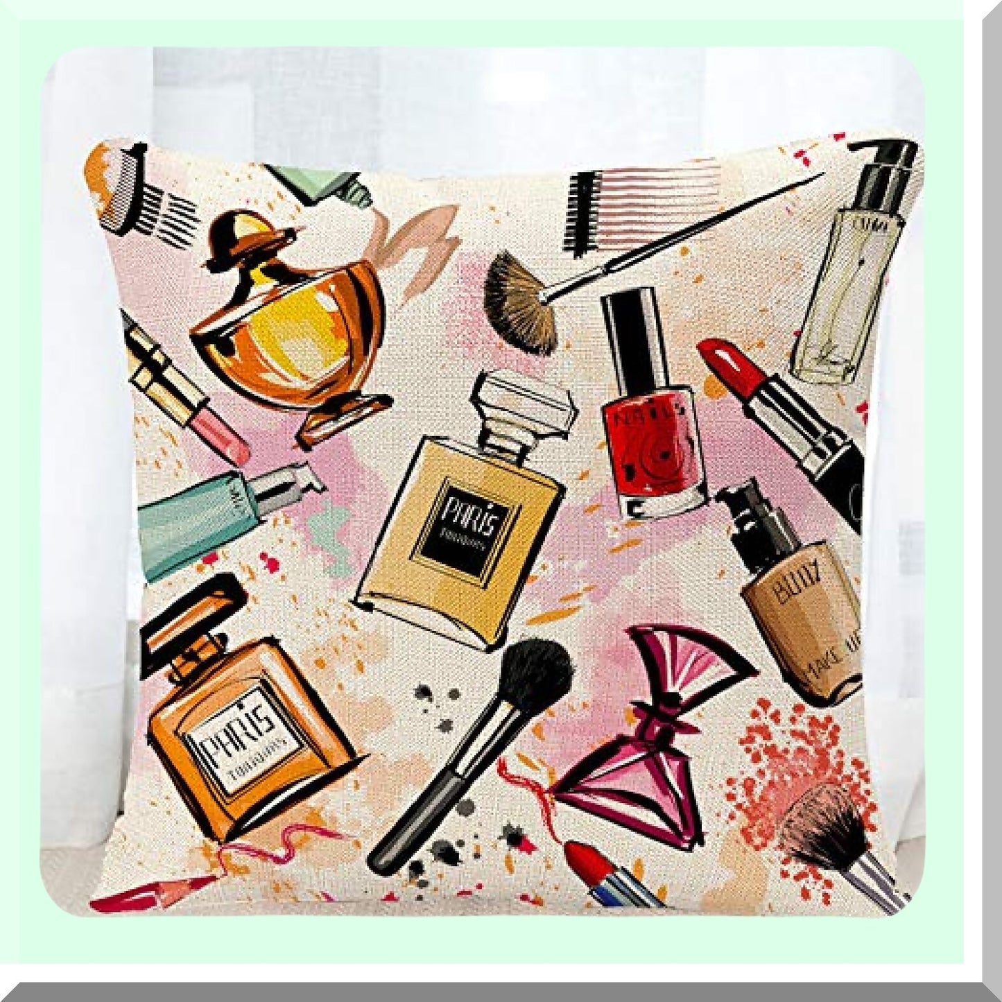 Watercolor Pink Makeup Collection Decorative Pillowcase - Girly Home Decor for Sofa - 18x18 Inches - Cosmetics & Perfumes Theme