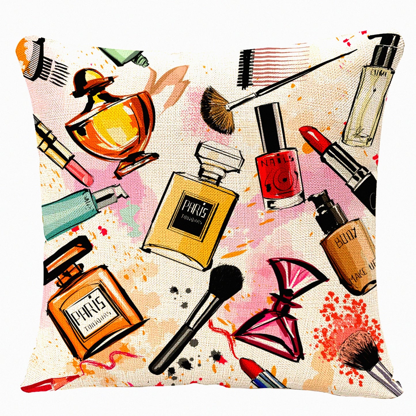 Watercolor Pink Makeup Collection Decorative Pillowcase - Girly Home Decor for Sofa - 18x18 Inches - Cosmetics & Perfumes Theme