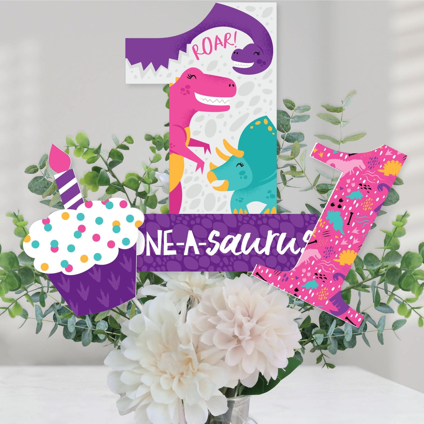 DinoRoar 1st Birthday Party Centerpiece Sticks - Set of 15 - Girl's First Birthday Table Toppers - ONEasaurus Dinosaur Theme Decor