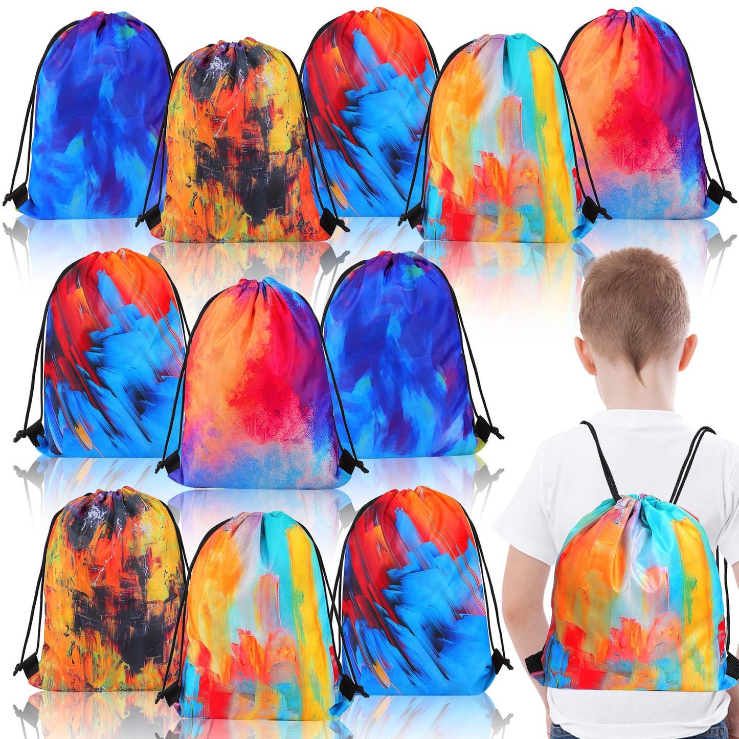 Colorful Camo Drawstring Party Bags - Set of 15 Tie Dye Backpacks for Kids Birthday Goodie Treats. Perfect for Party Favors and Gifts!