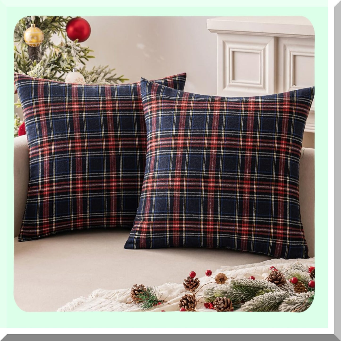 Scottish Plaid Farmhouse Throw Pillow Covers - Set of 2 Decorative Cushion Cases for Sofa Couch, Blue Tartan Square 20x20 Inch