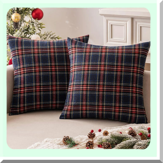 Scottish Plaid Farmhouse Throw Pillow Covers - Set of 2 Decorative Cushion Cases for Sofa Couch, Blue Tartan Square 20x20 Inch