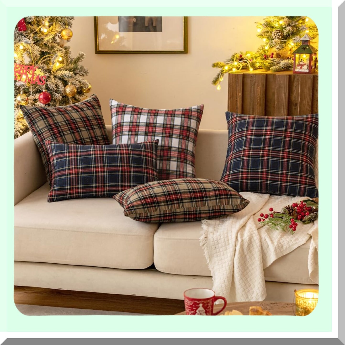 Scottish Plaid Farmhouse Throw Pillow Covers - Set of 2 Decorative Cushion Cases for Sofa Couch, Blue Tartan Square 20x20 Inch