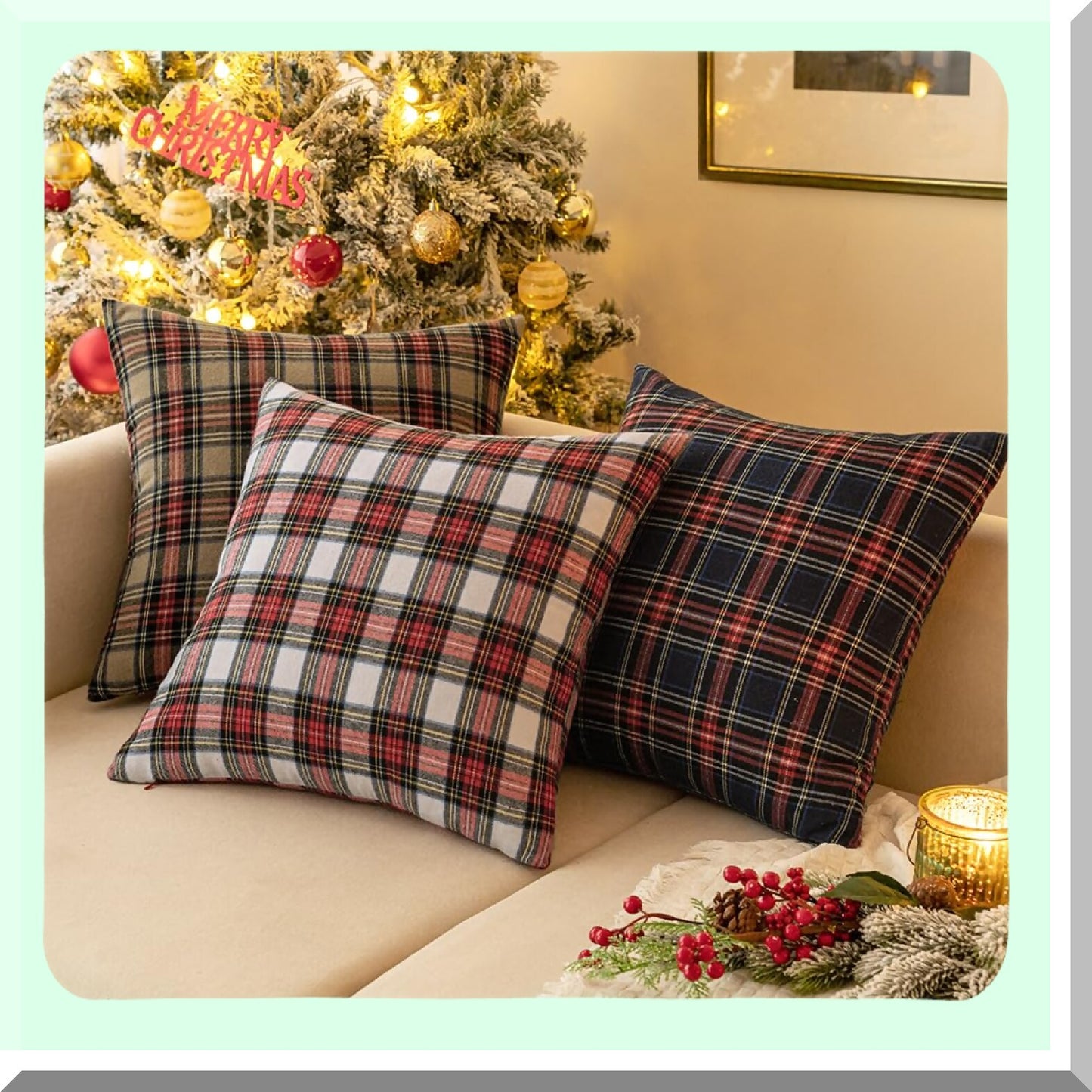 Scottish Plaid Farmhouse Throw Pillow Covers - Set of 2 Decorative Cushion Cases for Sofa Couch, Blue Tartan Square 20x20 Inch