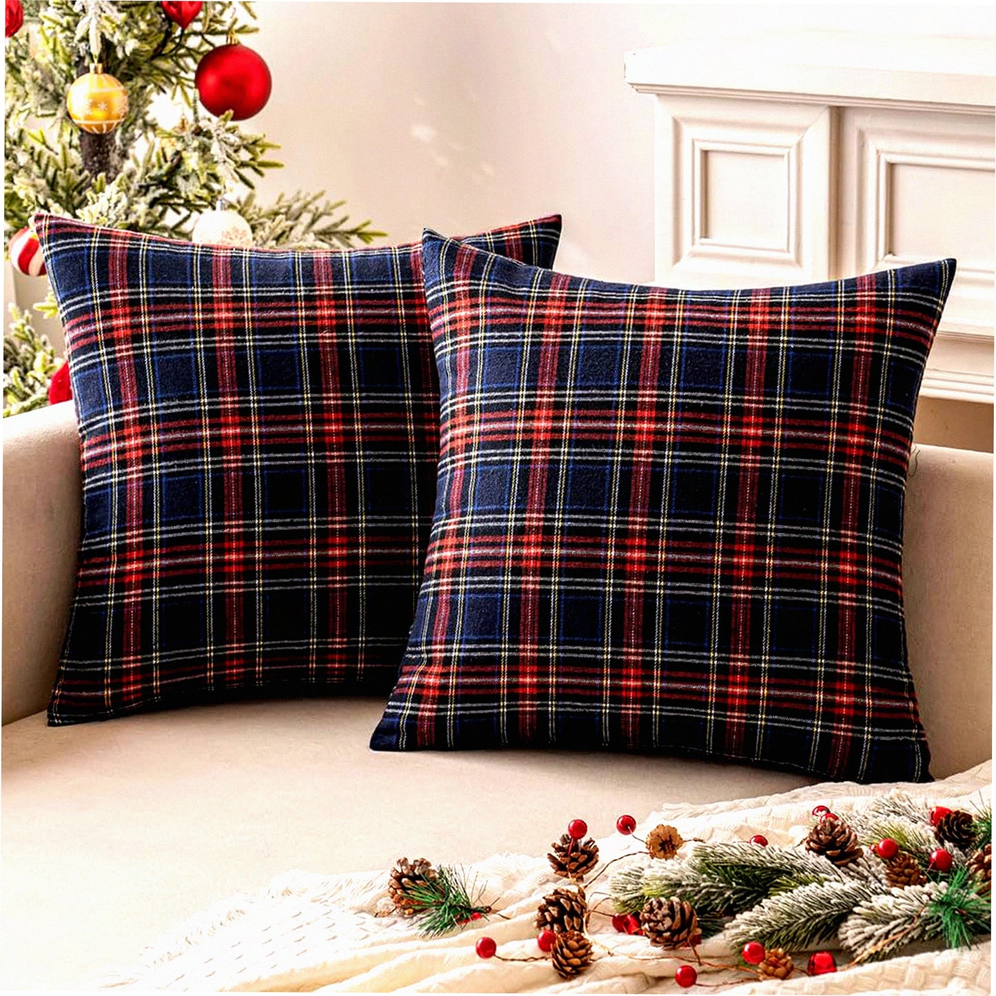 Scottish Plaid Farmhouse Throw Pillow Covers - Set of 2 Decorative Cushion Cases for Sofa Couch, Blue Tartan Square 20x20 Inch
