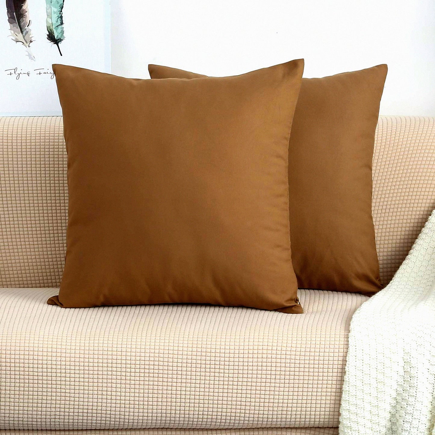 Cotton Canvas Cozy Cushion Covers - 100% Cotton Decorative Throw Pillow Cases - 20x20 Inches - Set of 2 - Light Coffee - 45 Color Options