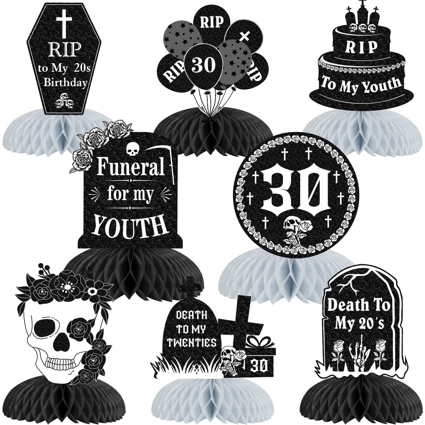 Death of My Youth 30" Gothic Honeycomb Centerpieces - Set of 8 Black Silver 3D Table Decorations for a Funeral Themed Thirty Birthday Party