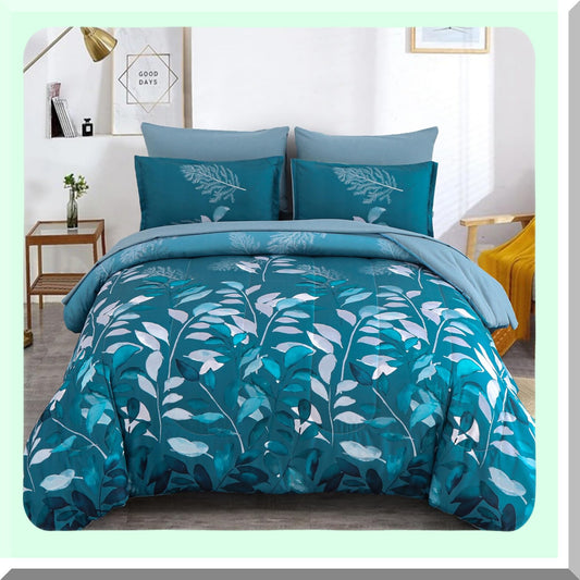 Teal Botanical Bliss Bedding Set - 7 Piece Comforter Set with Green Gradient Leaves Pattern, Soft Microfiber Sheets - King Size 104"x90"