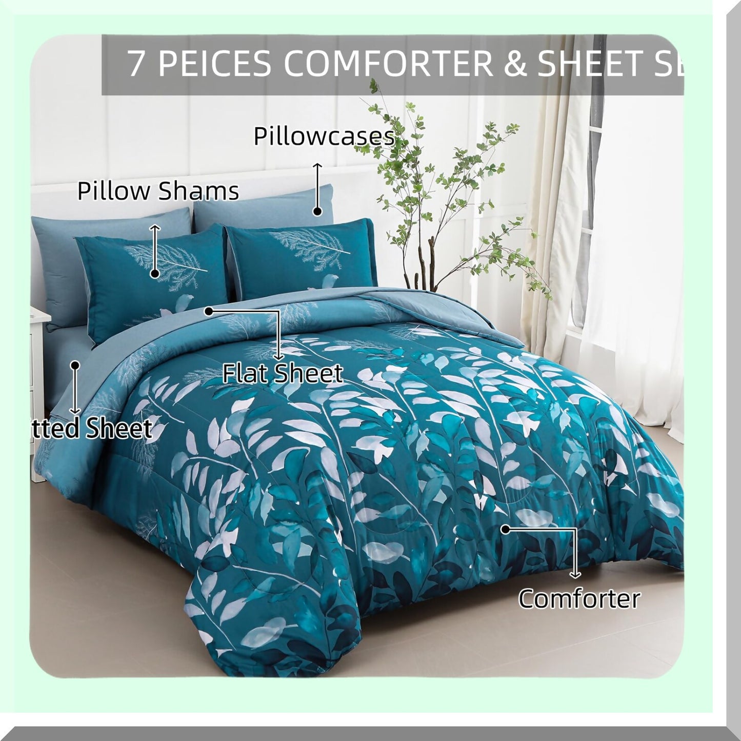 Teal Botanical Bliss Bedding Set - 7 Piece Comforter Set with Green Gradient Leaves Pattern, Soft Microfiber Sheets - King Size 104"x90"
