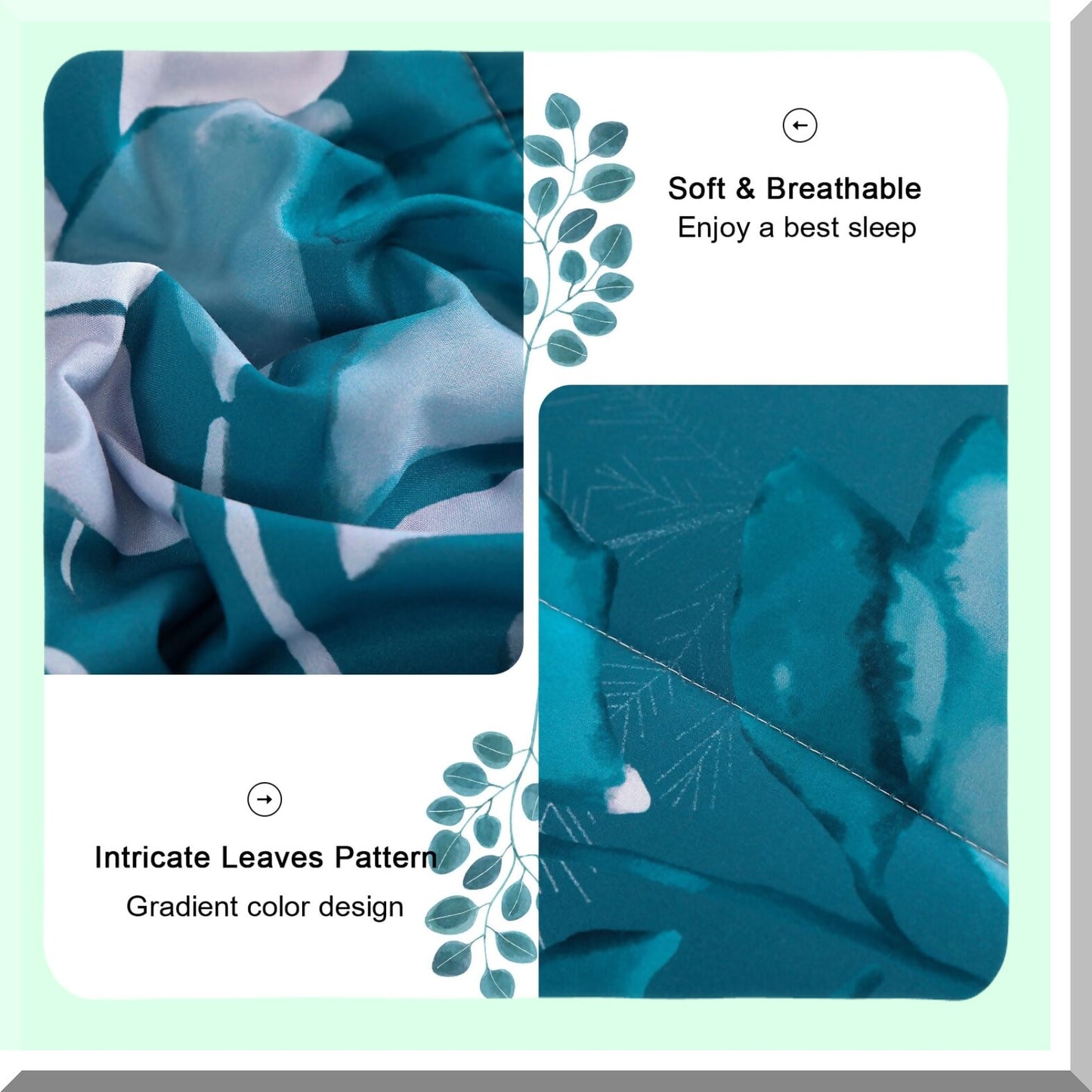 Teal Botanical Bliss Bedding Set - 7 Piece Comforter Set with Green Gradient Leaves Pattern, Soft Microfiber Sheets - King Size 104"x90"