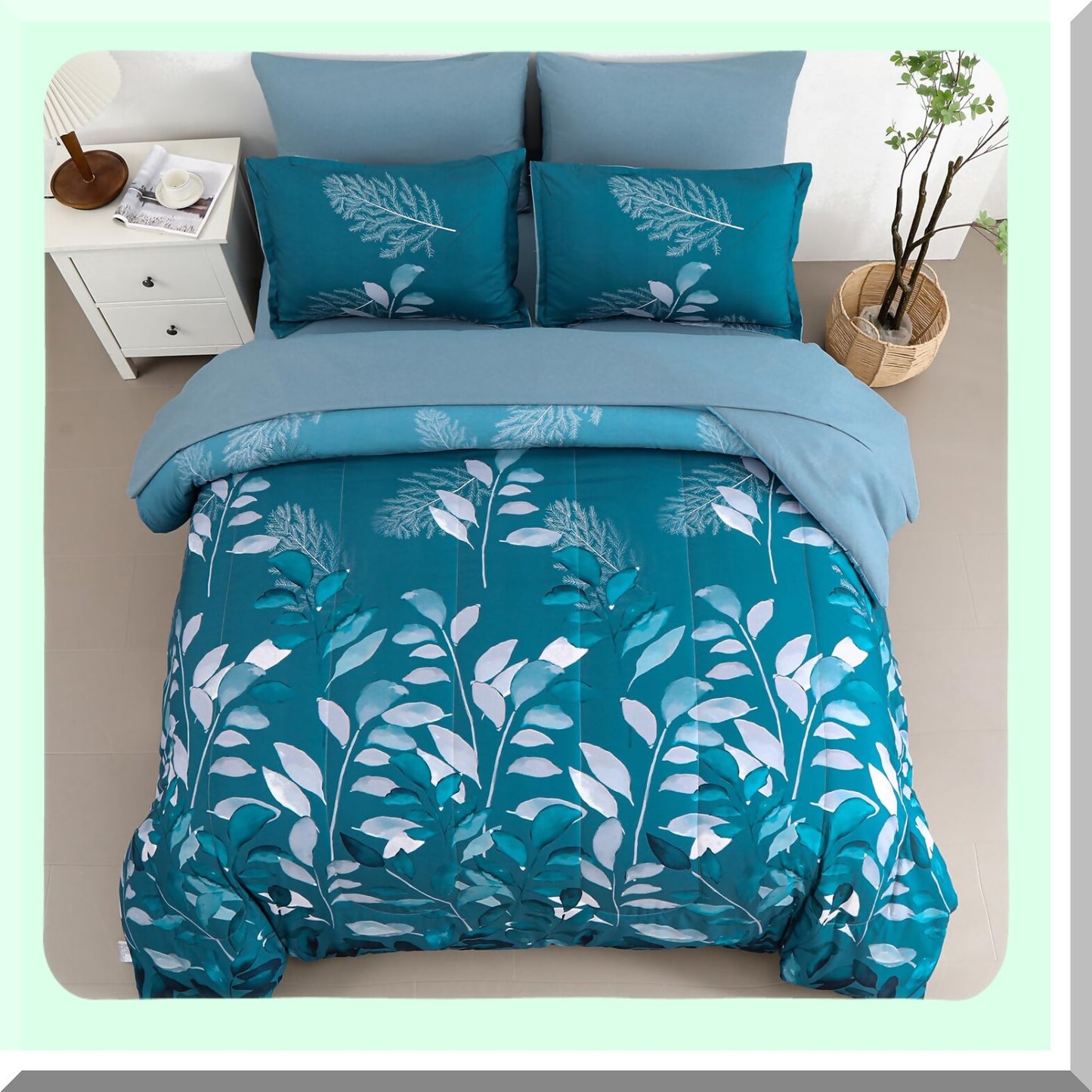Teal Botanical Bliss Bedding Set - 7 Piece Comforter Set with Green Gradient Leaves Pattern, Soft Microfiber Sheets - King Size 104"x90"