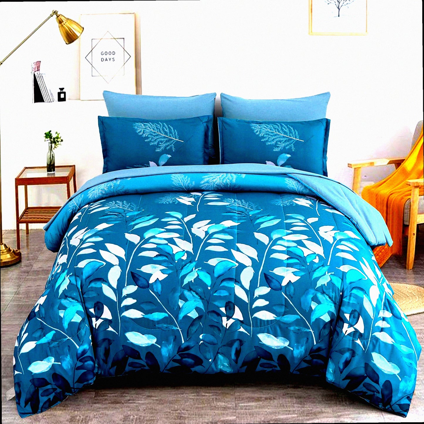 Teal Botanical Bliss Bedding Set - 7 Piece Comforter Set with Green Gradient Leaves Pattern, Soft Microfiber Sheets - King Size 104"x90"