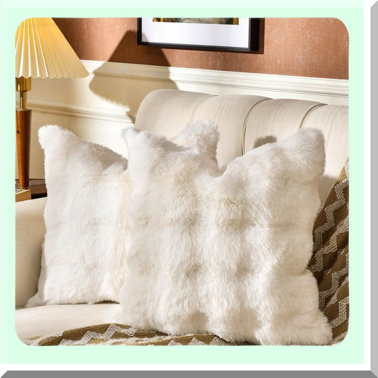 Cozy Rabbit Fuzzy Pillow Covers Set - Super Soft 3D Dense Cushion Case for Couch Sofa Bedroom - Pack of 2 - 18 x 18-Inch Cream White