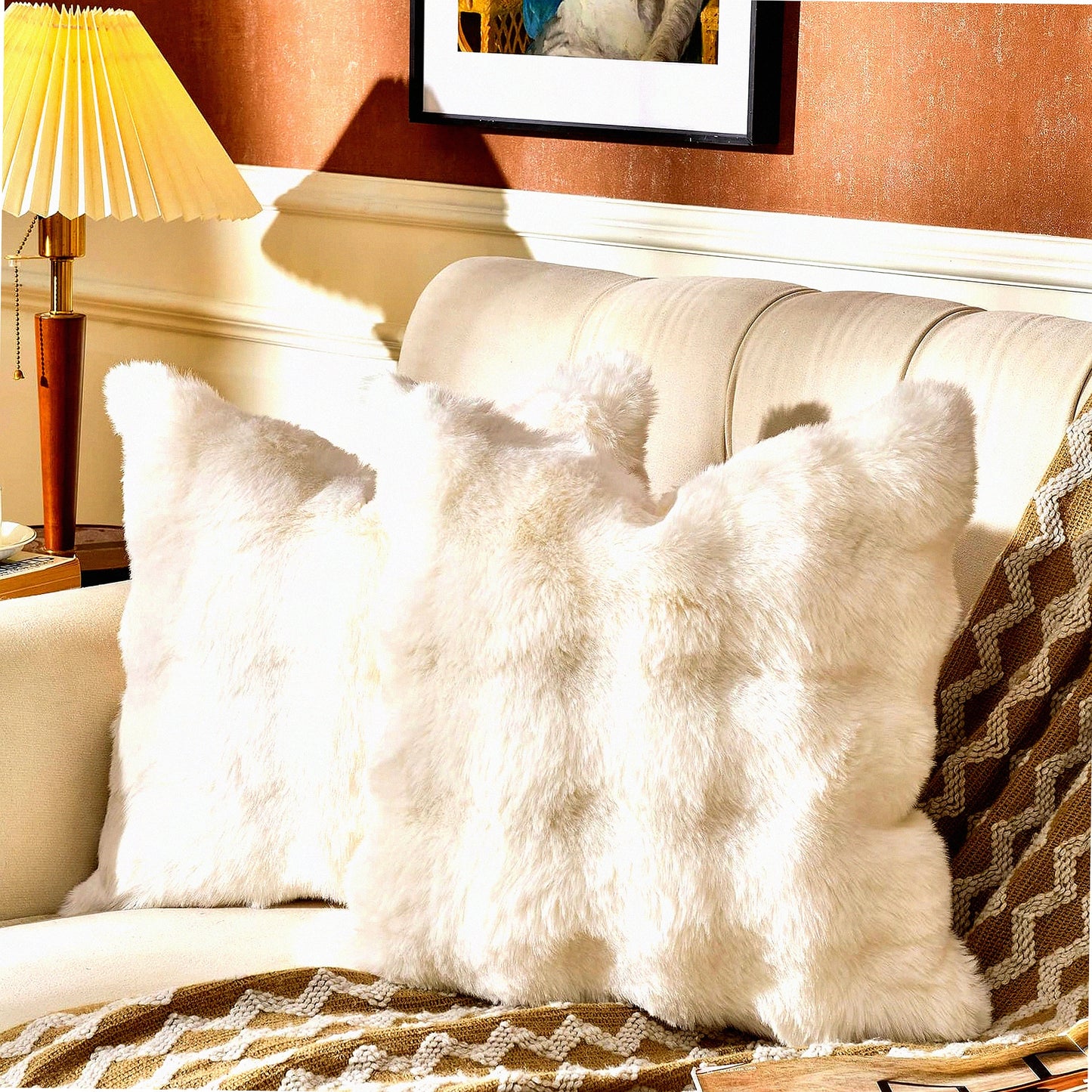 Cozy Rabbit Fuzzy Pillow Covers Set - Super Soft 3D Dense Cushion Case for Couch Sofa Bedroom - Pack of 2 - 18 x 18-Inch Cream White