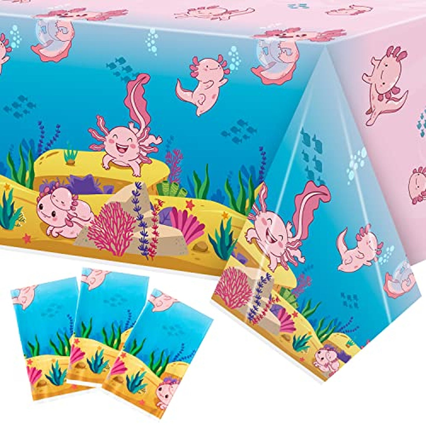 Pink Axolotl Party Table Cover - 3 Pack Waterproof Disposable Tablecloth for Girl Birthday Baby Shower - Reptile Theme Plastic Tablecover 54x108"