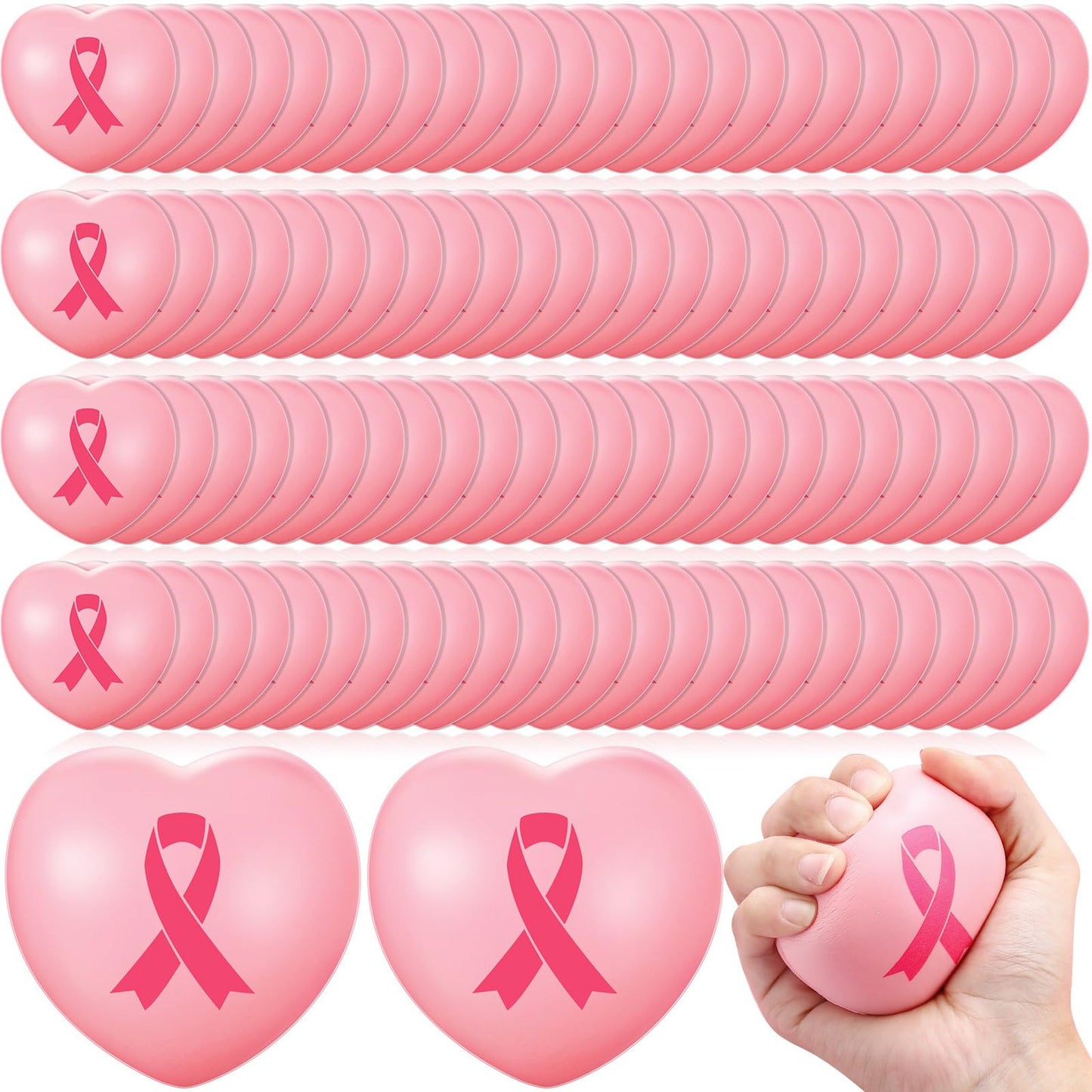 Pink Ribbon Heart Stress Balls - Bulk Pack of 100 for Breast Cancer Awareness Events, Parties, and Charity Fundraisers. Perfect for Gifts and Decorations!