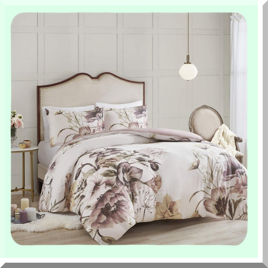 Floral Bliss Cotton Blend Duvet Set - All Season Comforter Cover Bedding Set with Matching Shams - Full/Queen Size - Breathable and Beautiful - Blush 3 Piece
