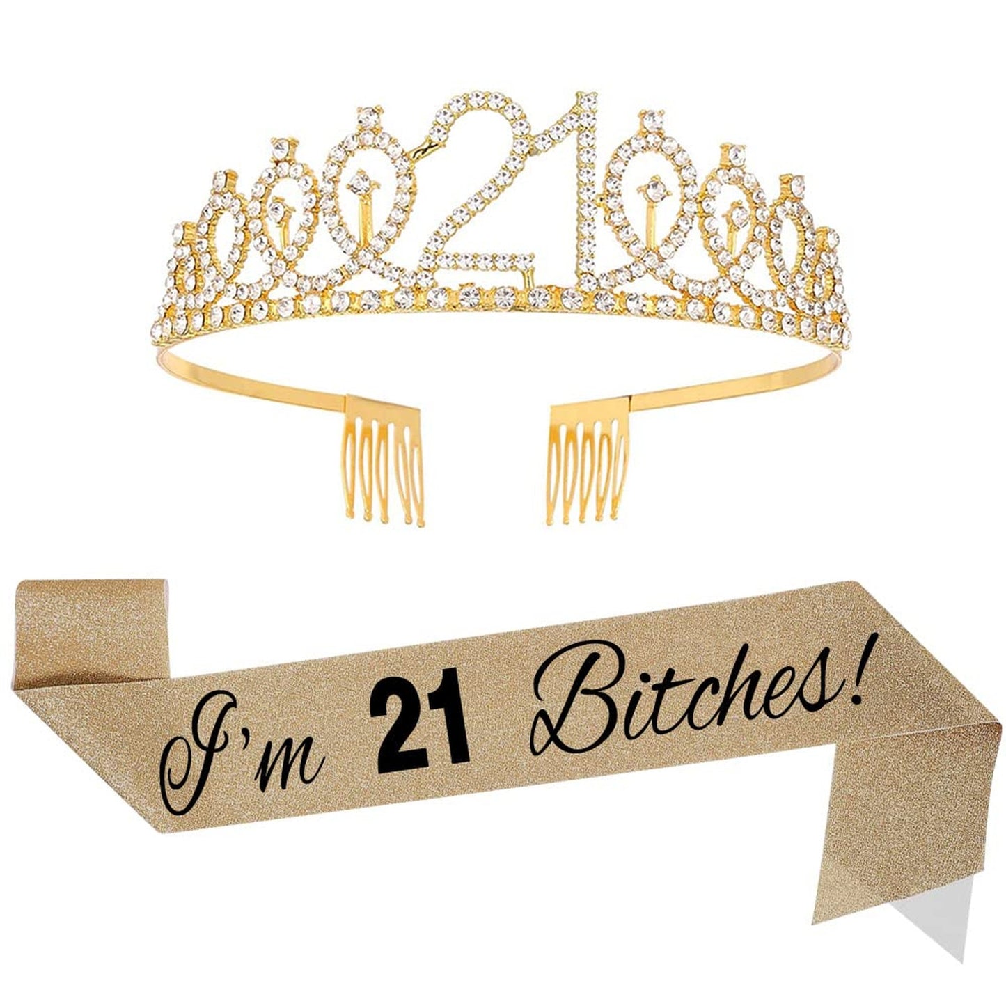 Golden Crown & Shining Sash Set - 21st Birthday Party Kit for Girls - Crystal Tiara & Sash - Bitches' Birthday Gift - Celebration Supplies