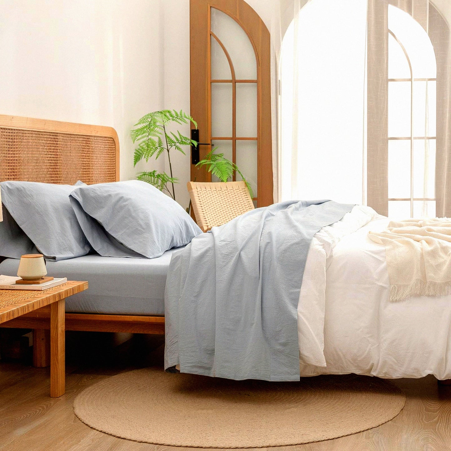 LinenFeel Cotton Bliss Sheet Set - Super Soft & Lightweight 4-Piece Bedding Set in Solid Cornflower Blue Queen Size - Chic & Comfortable