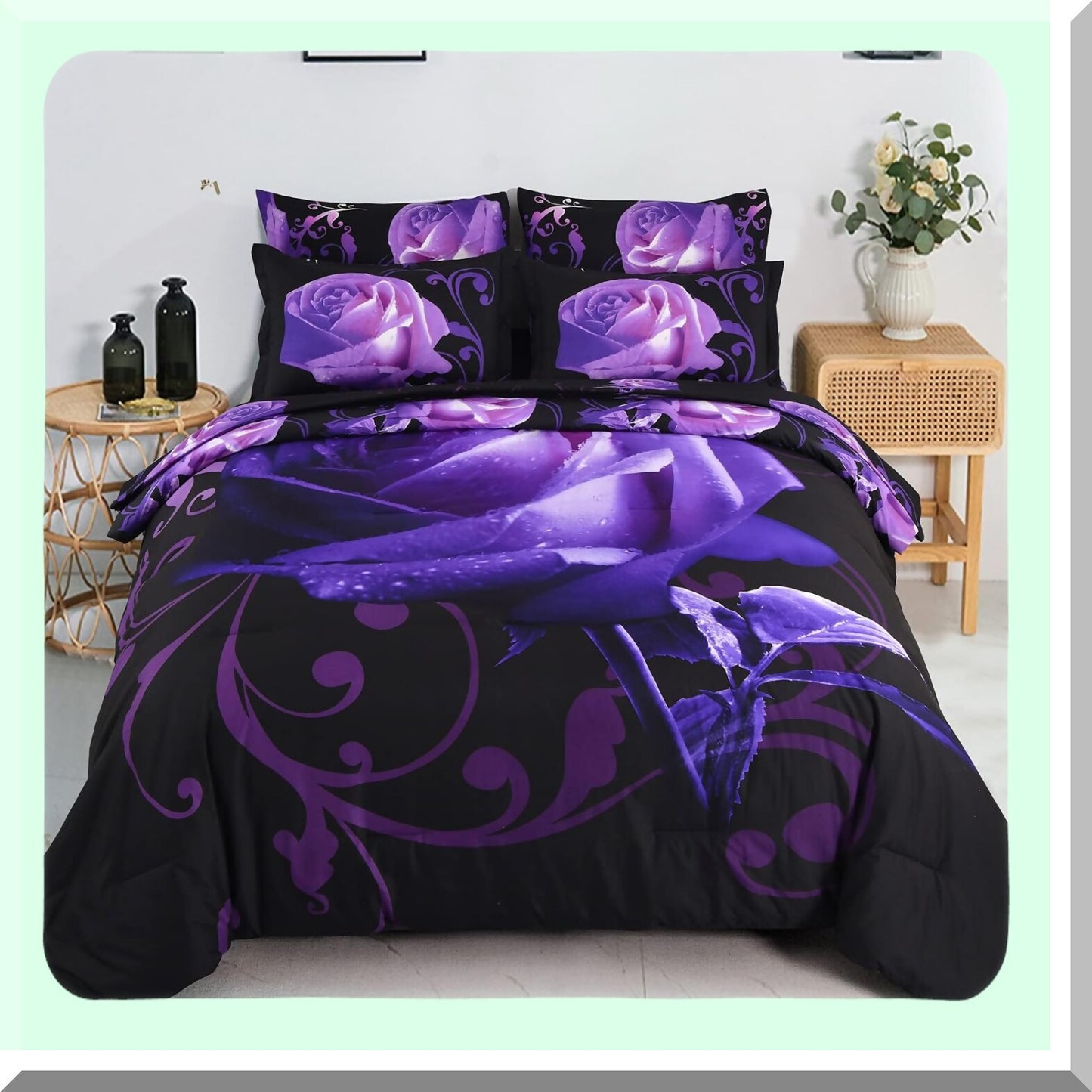 Purple Rose Bliss 7-Piece Bedding Set - Floral Comforter with Sheet Set - Soft Microfiber Bed in a Bag - Includes Comforter, Shams, Sheets, Pillowcases - Luxurious Bedroom Decor