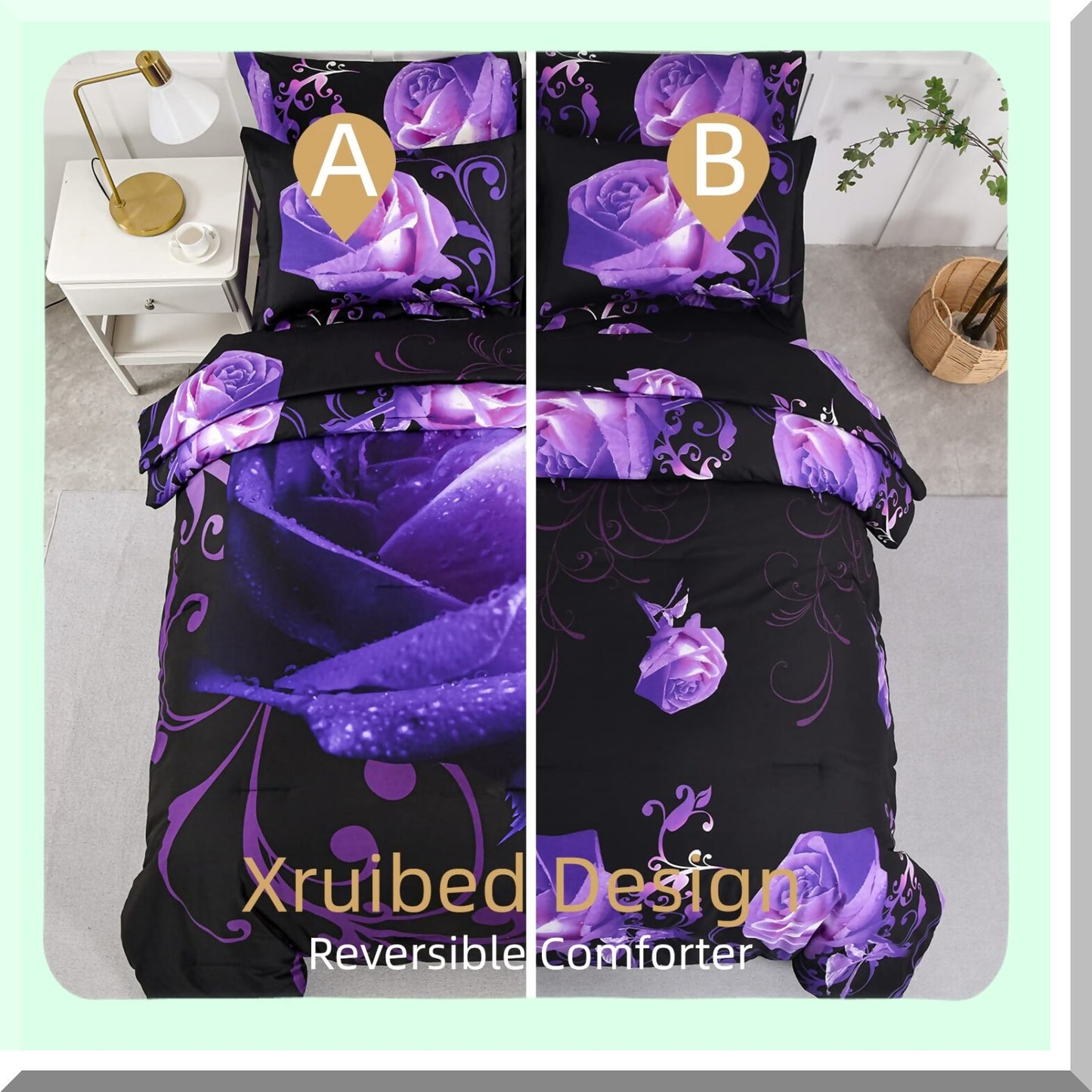 Purple Rose Bliss 7-Piece Bedding Set - Floral Comforter with Sheet Set - Soft Microfiber Bed in a Bag - Includes Comforter, Shams, Sheets, Pillowcases - Luxurious Bedroom Decor