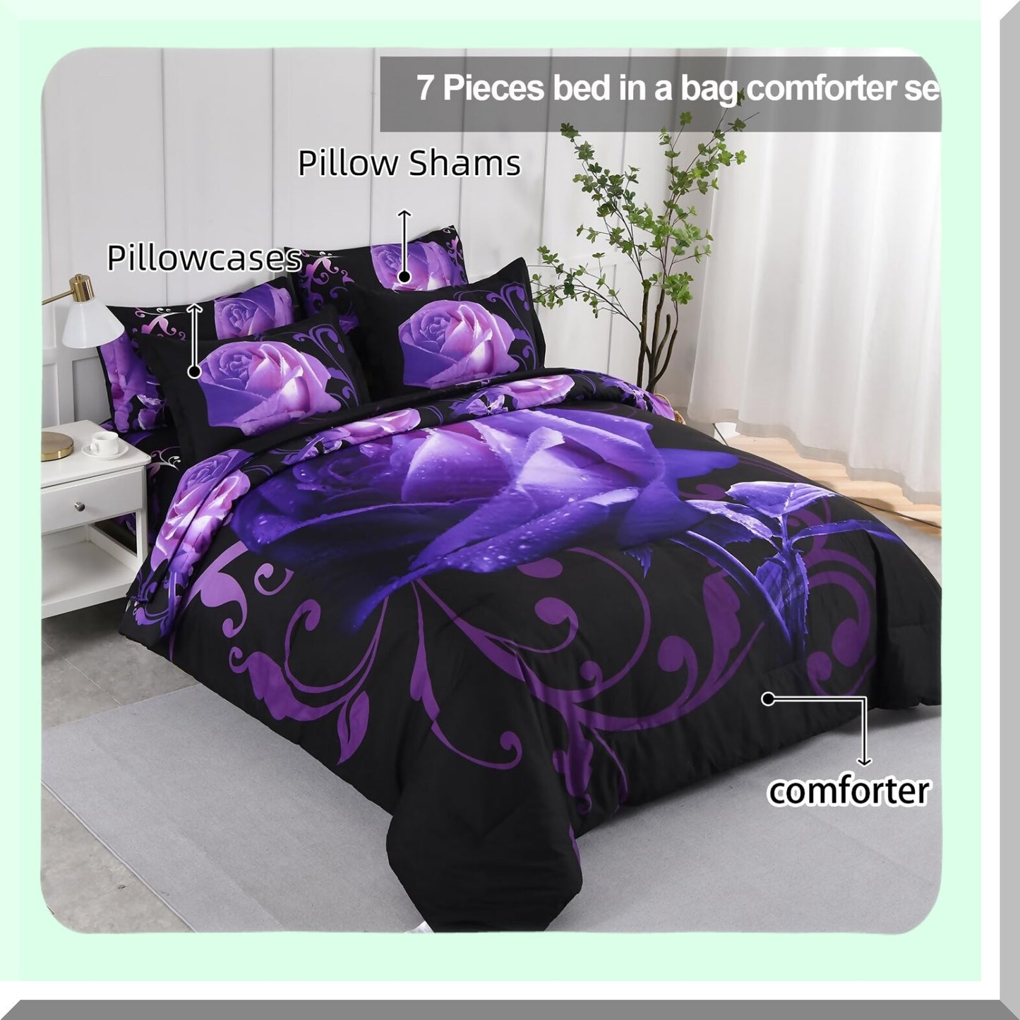 Purple Rose Bliss 7-Piece Bedding Set - Floral Comforter with Sheet Set - Soft Microfiber Bed in a Bag - Includes Comforter, Shams, Sheets, Pillowcases - Luxurious Bedroom Decor