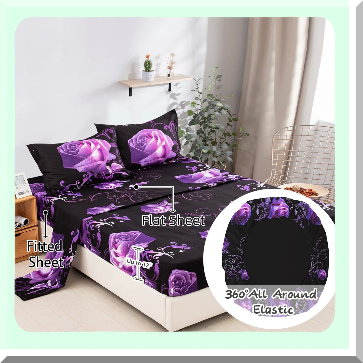 Purple Rose Bliss 7-Piece Bedding Set - Floral Comforter with Sheet Set - Soft Microfiber Bed in a Bag - Includes Comforter, Shams, Sheets, Pillowcases - Luxurious Bedroom Decor