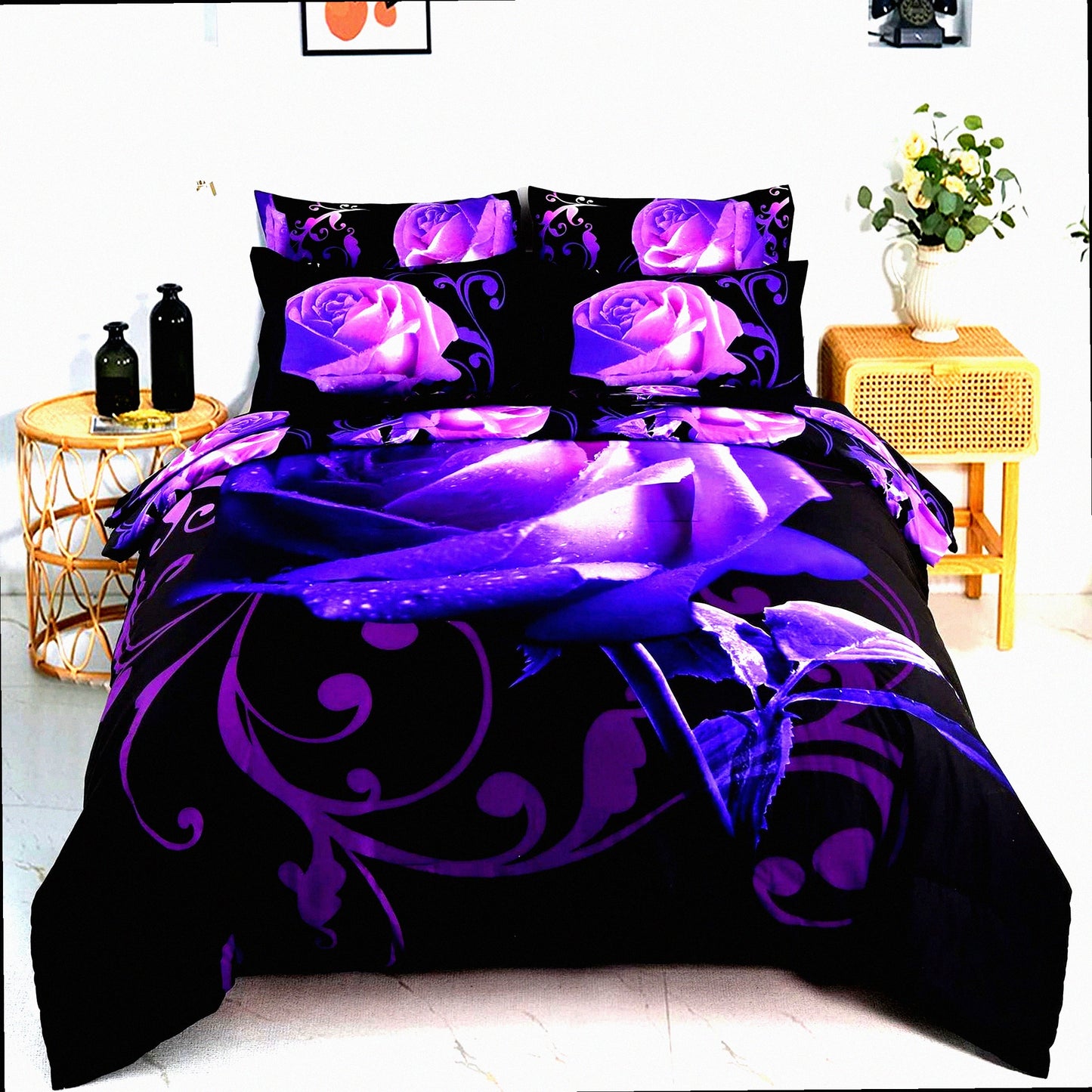 Purple Rose Bliss 7-Piece Bedding Set - Floral Comforter with Sheet Set - Soft Microfiber Bed in a Bag - Includes Comforter, Shams, Sheets, Pillowcases - Luxurious Bedroom Decor