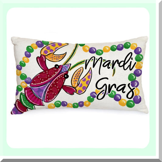 Mardi Gras Farmhouse Lumbar Pillow Cover - Lobster Fleur De Lis Beads Decor - White Cushion Case for Sofa Couch - Home Decor AA095-12