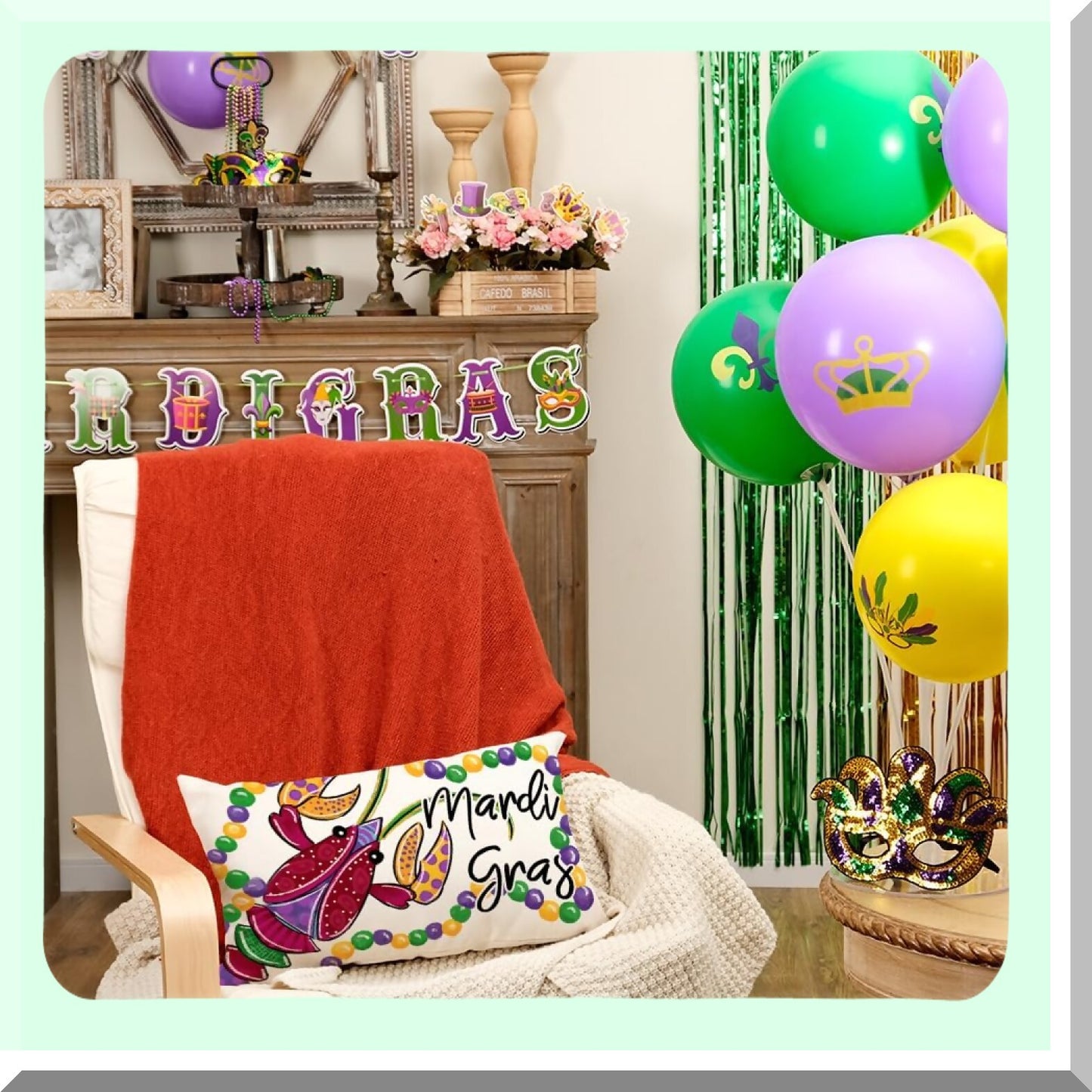 Mardi Gras Farmhouse Lumbar Pillow Cover - Lobster Fleur De Lis Beads Decor - White Cushion Case for Sofa Couch - Home Decor AA095-12