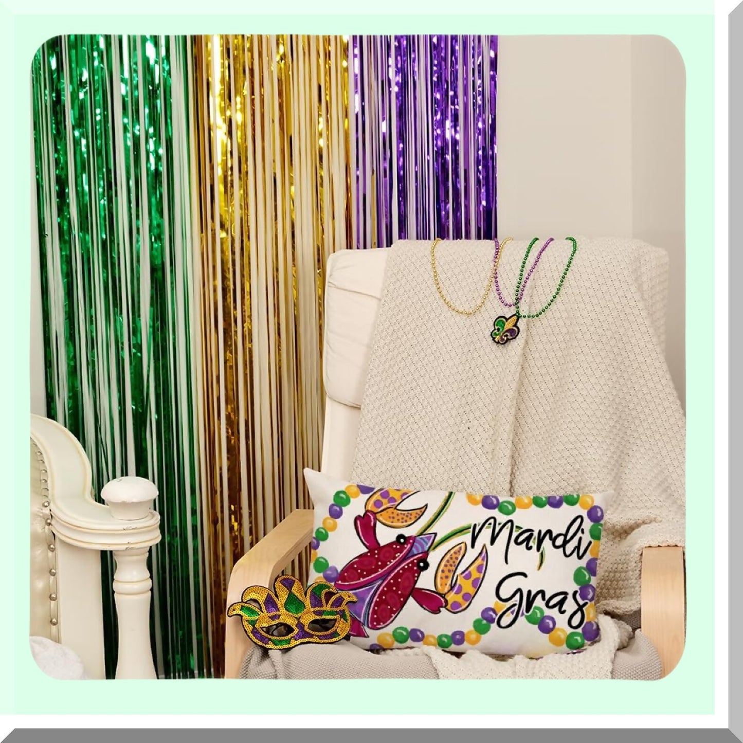 Mardi Gras Farmhouse Lumbar Pillow Cover - Lobster Fleur De Lis Beads Decor - White Cushion Case for Sofa Couch - Home Decor AA095-12