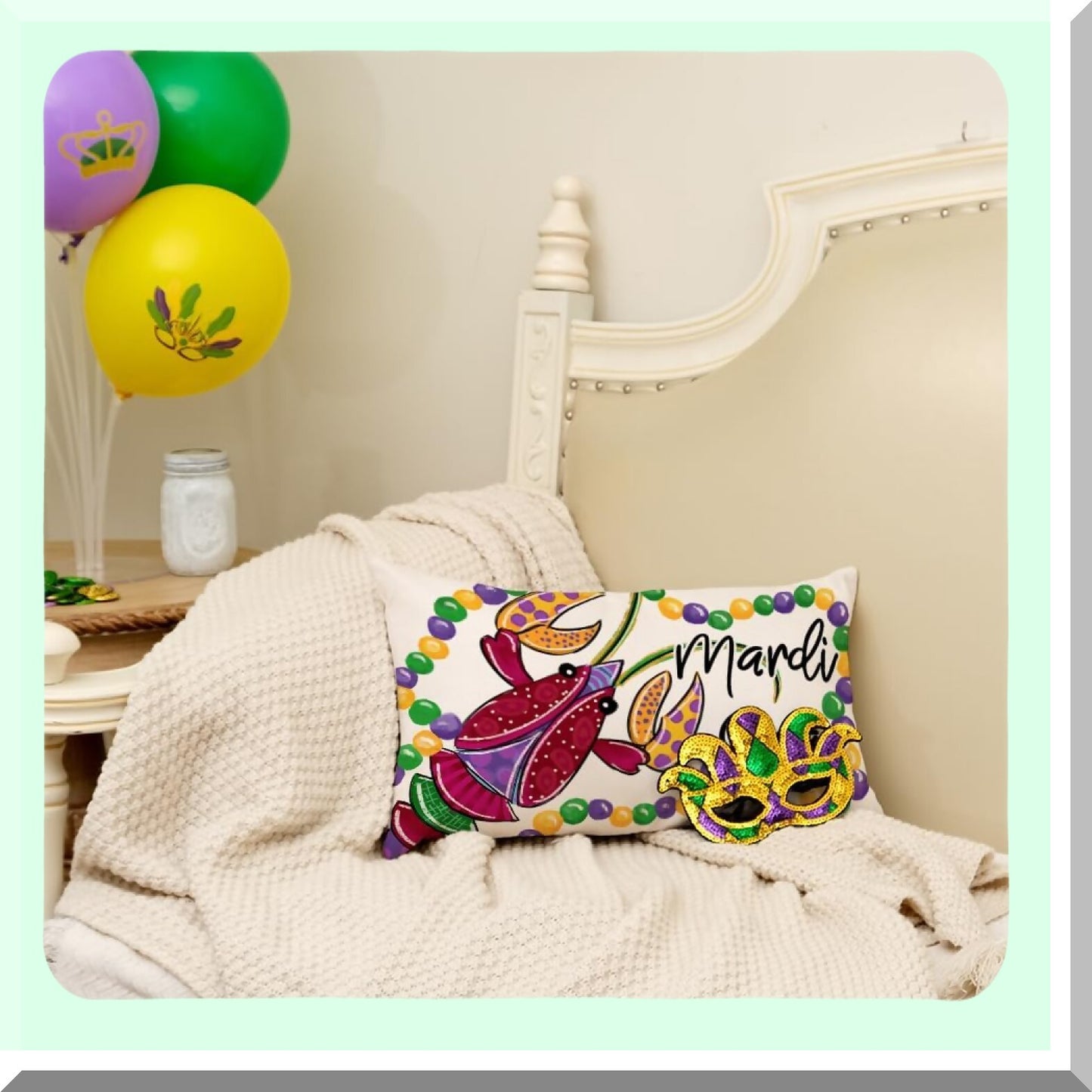 Mardi Gras Farmhouse Lumbar Pillow Cover - Lobster Fleur De Lis Beads Decor - White Cushion Case for Sofa Couch - Home Decor AA095-12