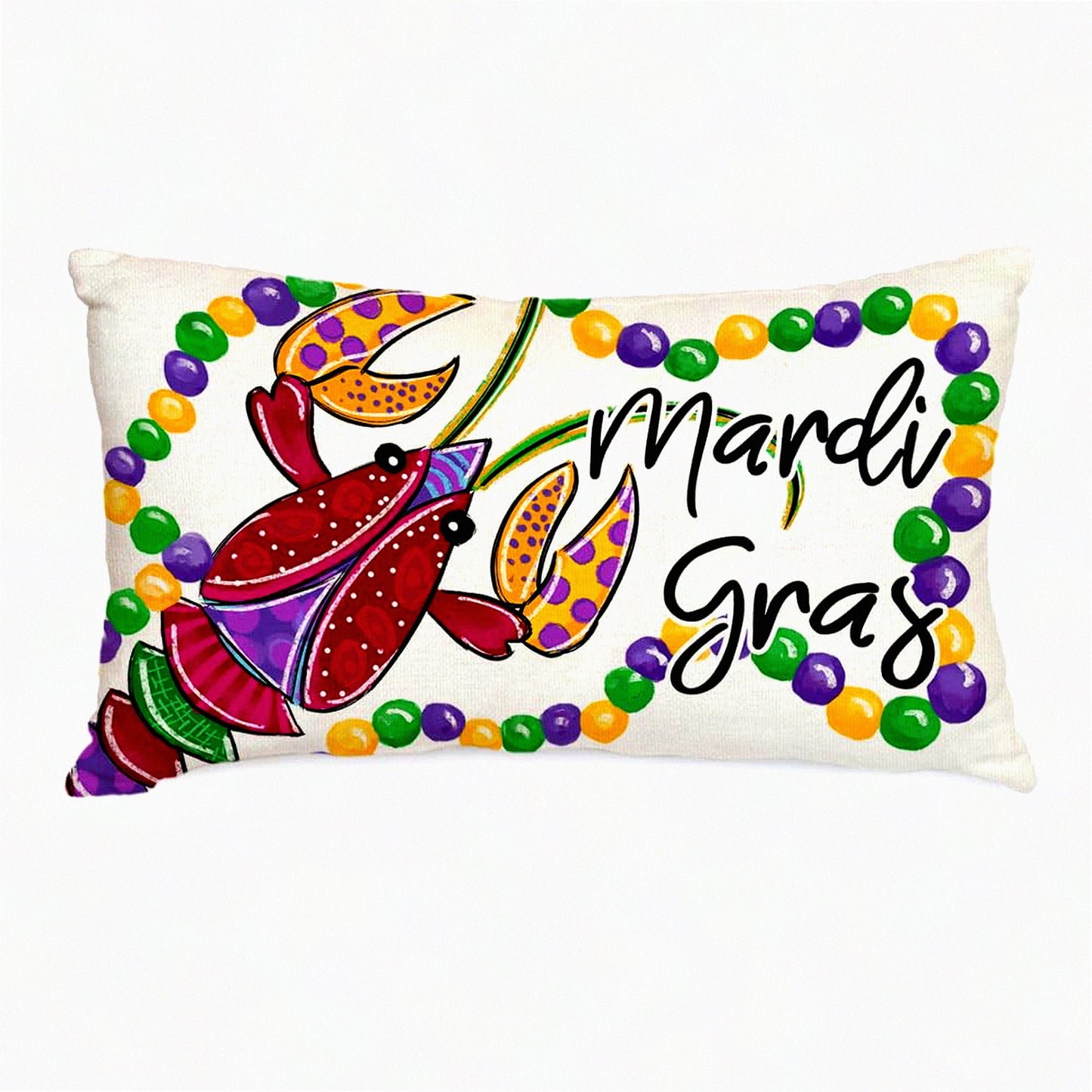 Mardi Gras Farmhouse Lumbar Pillow Cover - Lobster Fleur De Lis Beads Decor - White Cushion Case for Sofa Couch - Home Decor AA095-12