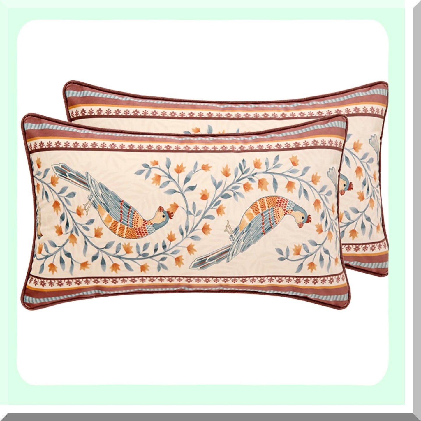 Vintage Velvet Bird Floral Lumbar Pillow Covers - Set of 2, Farmhouse Decorative Throw Pillowcases for Living Room & Outdoor, 12"x20" Red Soft Rectangular