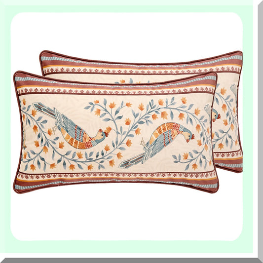 Vintage Velvet Bird Floral Lumbar Pillow Covers - Set of 2, Farmhouse Decorative Throw Pillowcases for Living Room & Outdoor, 12"x20" Red Soft Rectangular