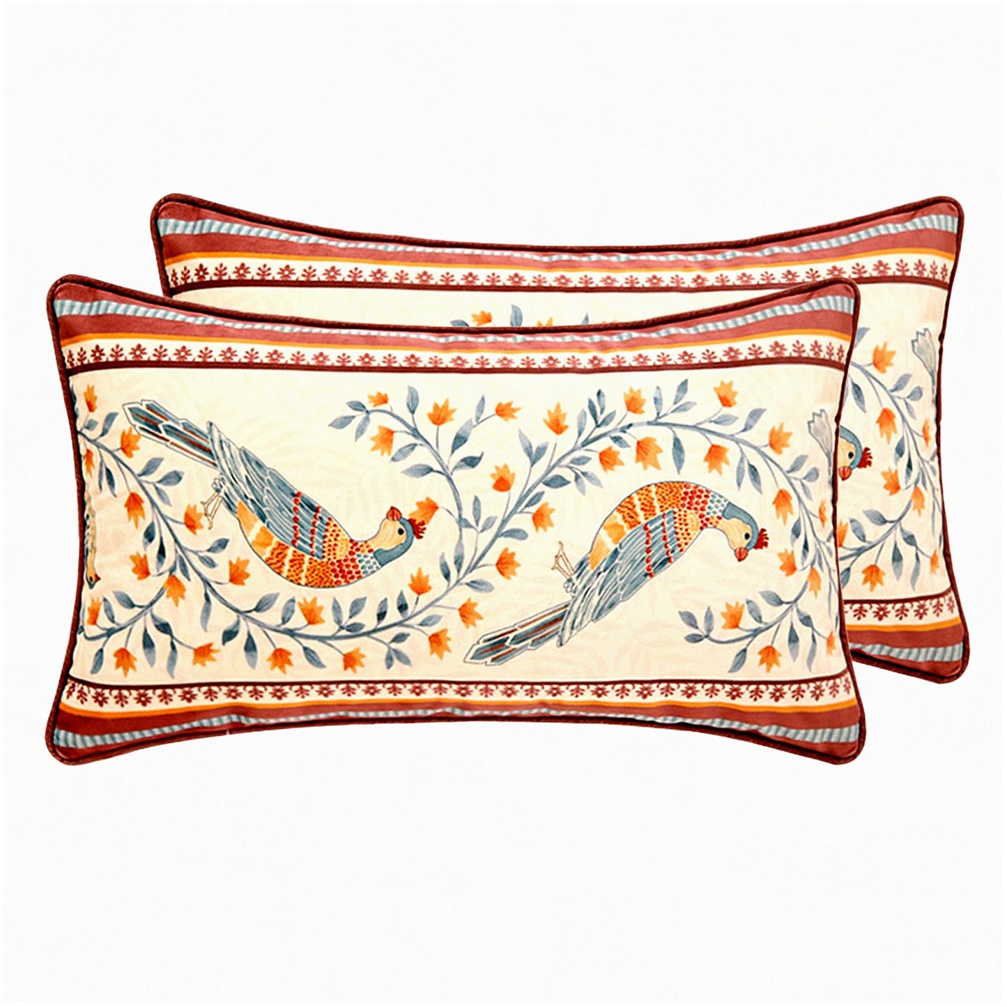 Vintage Velvet Bird Floral Lumbar Pillow Covers - Set of 2, Farmhouse Decorative Throw Pillowcases for Living Room & Outdoor, 12"x20" Red Soft Rectangular