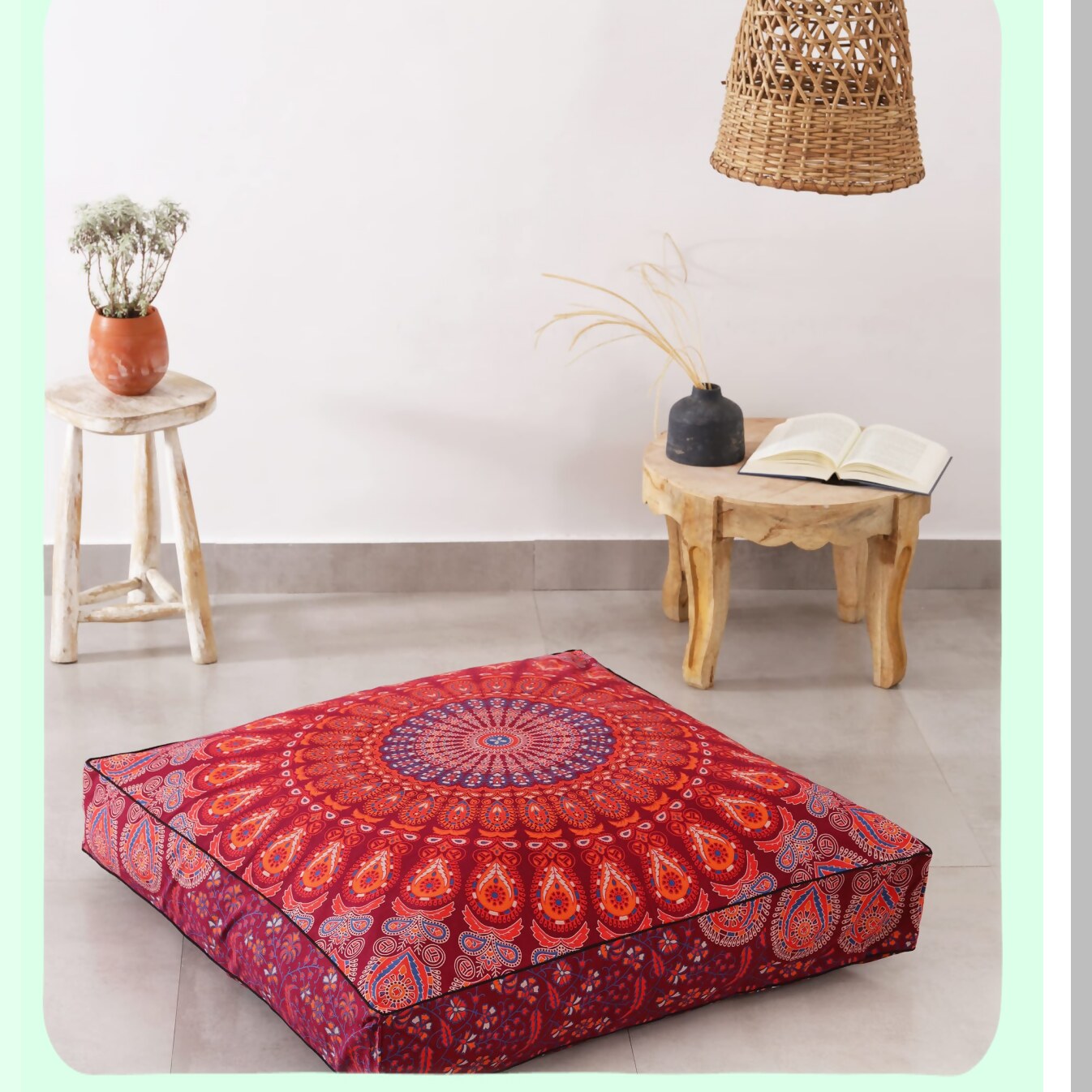 Peacock Boho Floor Pillow Cover - Oversized Cotton Cushion for Pets & Daybed - Heavy Duty Zipper Seating Ottoman - 35" Maroon Hippie Pouf