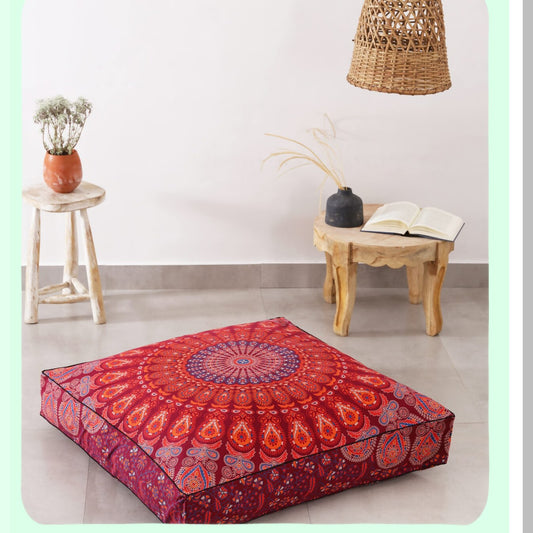Peacock Boho Floor Pillow Cover - Oversized Cotton Cushion for Pets & Daybed - Heavy Duty Zipper Seating Ottoman - 35" Maroon Hippie Pouf