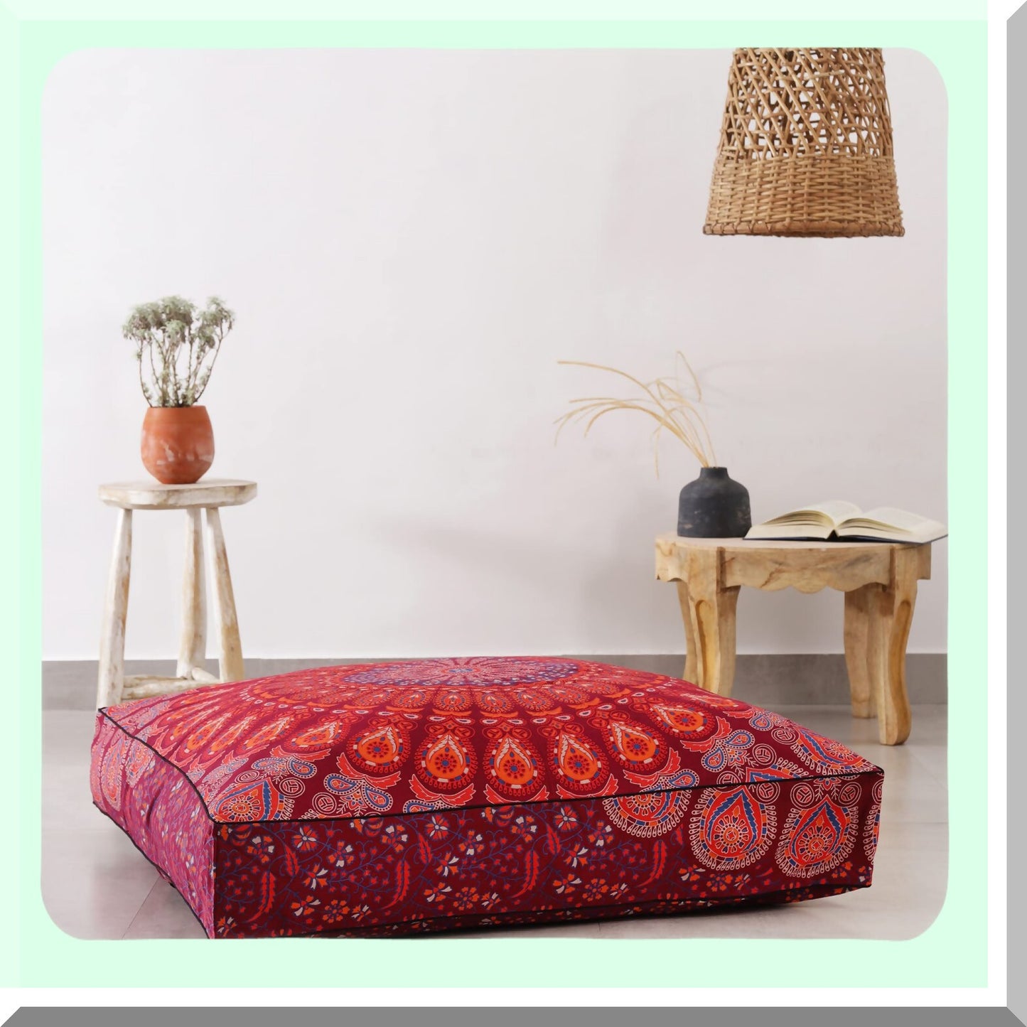 Peacock Boho Floor Pillow Cover - Oversized Cotton Cushion for Pets & Daybed - Heavy Duty Zipper Seating Ottoman - 35" Maroon Hippie Pouf