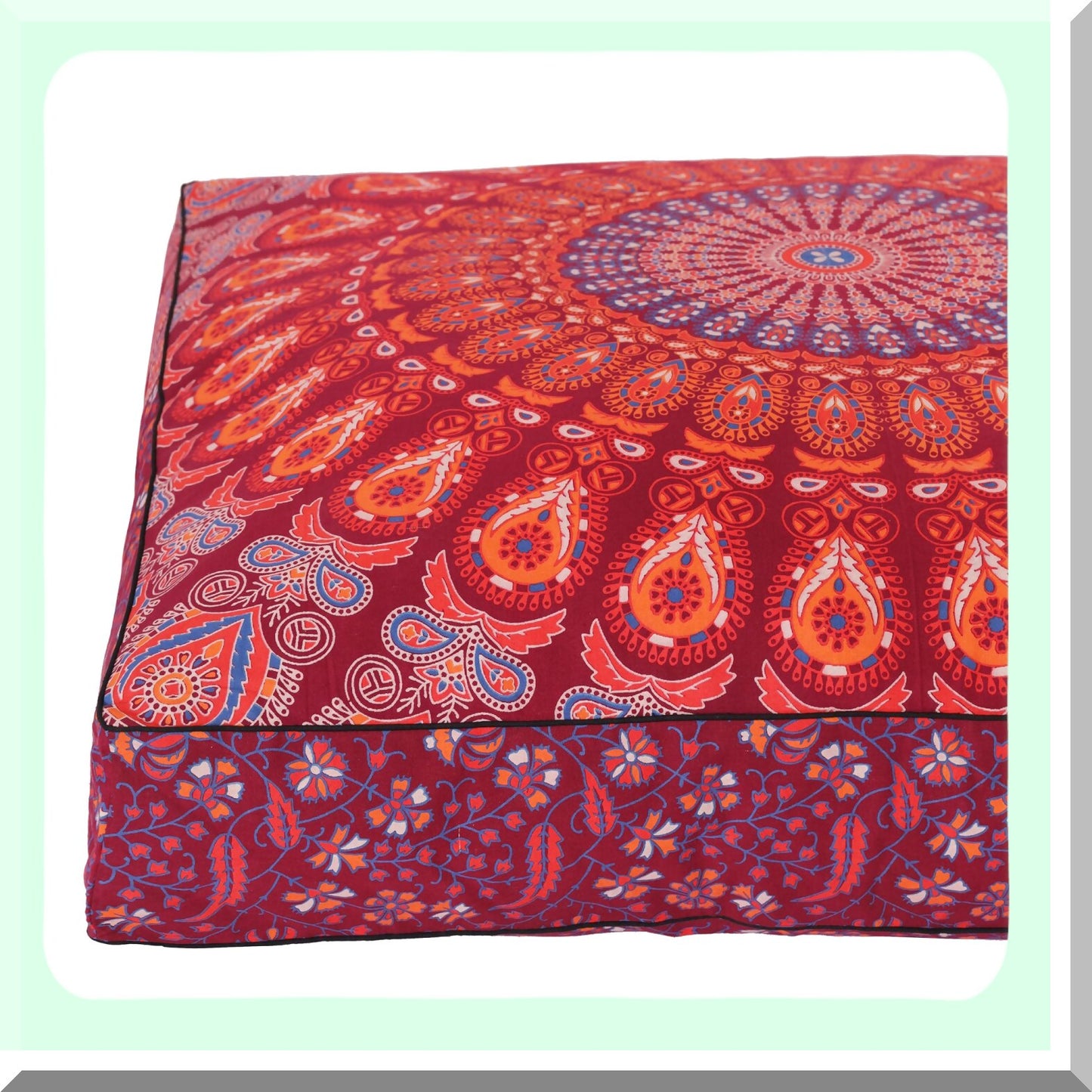 Peacock Boho Floor Pillow Cover - Oversized Cotton Cushion for Pets & Daybed - Heavy Duty Zipper Seating Ottoman - 35" Maroon Hippie Pouf