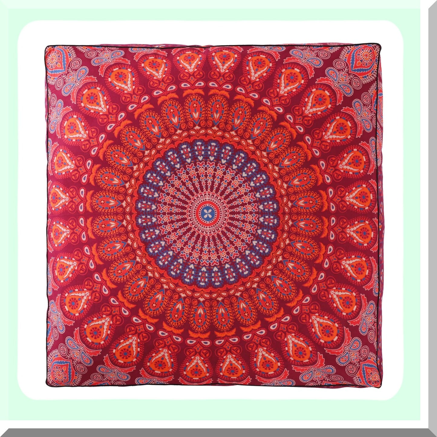 Peacock Boho Floor Pillow Cover - Oversized Cotton Cushion for Pets & Daybed - Heavy Duty Zipper Seating Ottoman - 35" Maroon Hippie Pouf