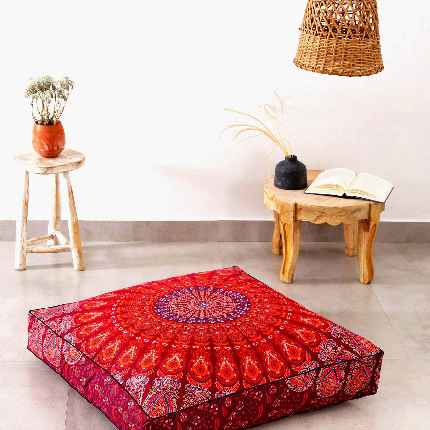 Peacock Boho Floor Pillow Cover - Oversized Cotton Cushion for Pets & Daybed - Heavy Duty Zipper Seating Ottoman - 35" Maroon Hippie Pouf
