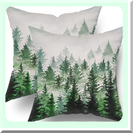 Mountain Forest Green Pillow Covers - Set of 2 | Birch Tree Decorative Throw Pillow Protectors 18x18 Inches | Cotton Cushion Covers with Hidden Zipper for Home Bedroom Décor